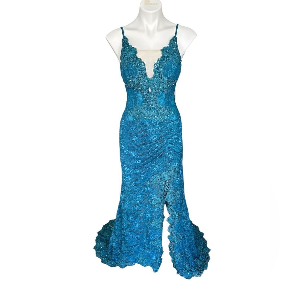 Elegant Lace and Sequined Dress Teal/Nude NWOT